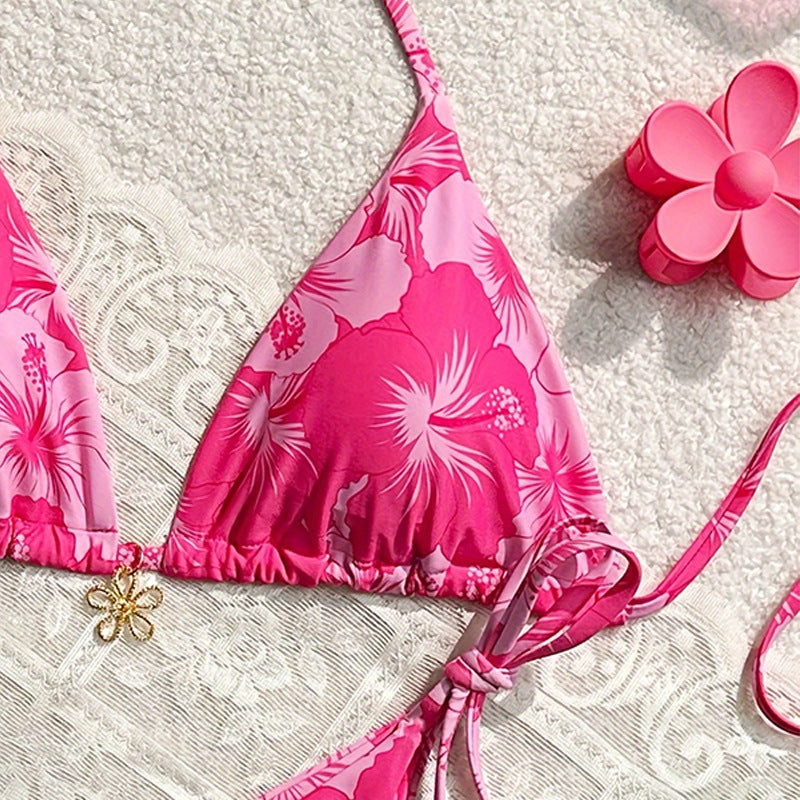 Damen Floral Triangel-Bikini mit verstellbaren Trägern