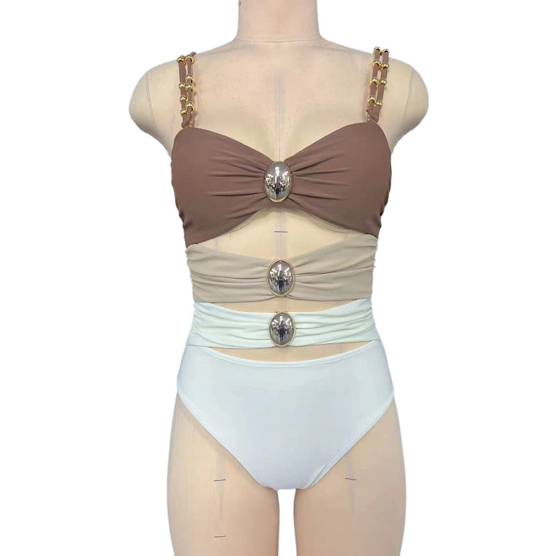 Damen Einteiliger Badeanzug mit raffinierten Drapierungsdetails und elegantem Schmuckelement R&B