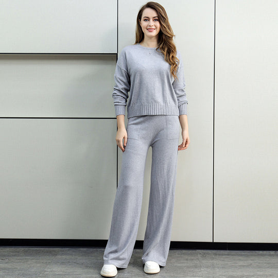 Damen gemütliches Strick-Loungewear-Set mit weitem Schnitt und praktischen Taschen R&B