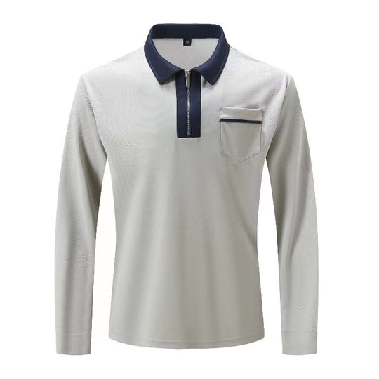 Herren nan elegantes Langarm-Poloshirt mit markantem Stehkragen Metall-Kurzreißverschluss und Brustleistentasche R&B