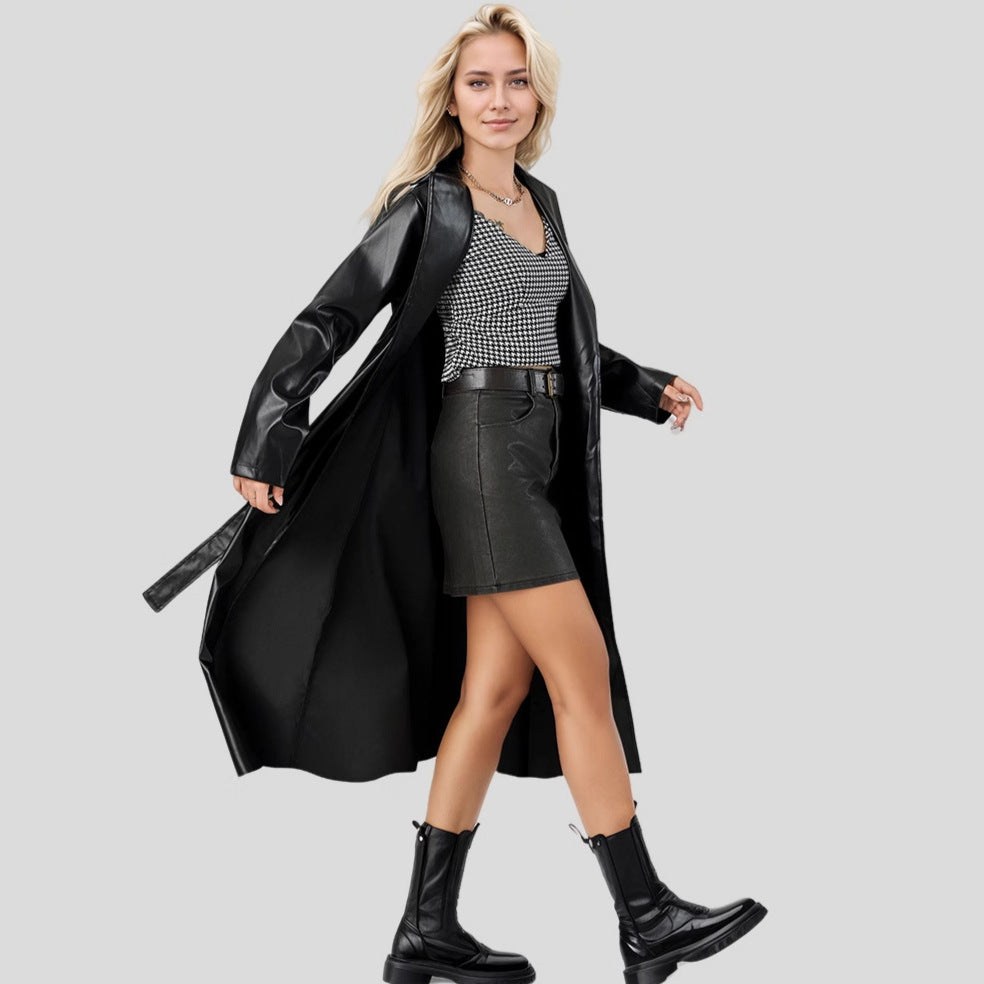 Damen Eleganter Kunstleder-Trenchcoat R&B