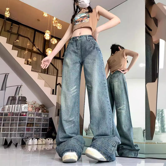 Damen Weite High-Waist Jeans im lässigen Urban-Style und modischen Details R&B