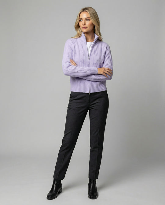 Warme Damen Strickjacke mit Zopfmuster Reißverschluss und halbem Rollkragen