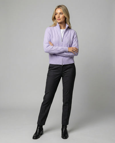 Warme Damen Strickjacke mit Zopfmuster Reißverschluss und halbem Rollkragen