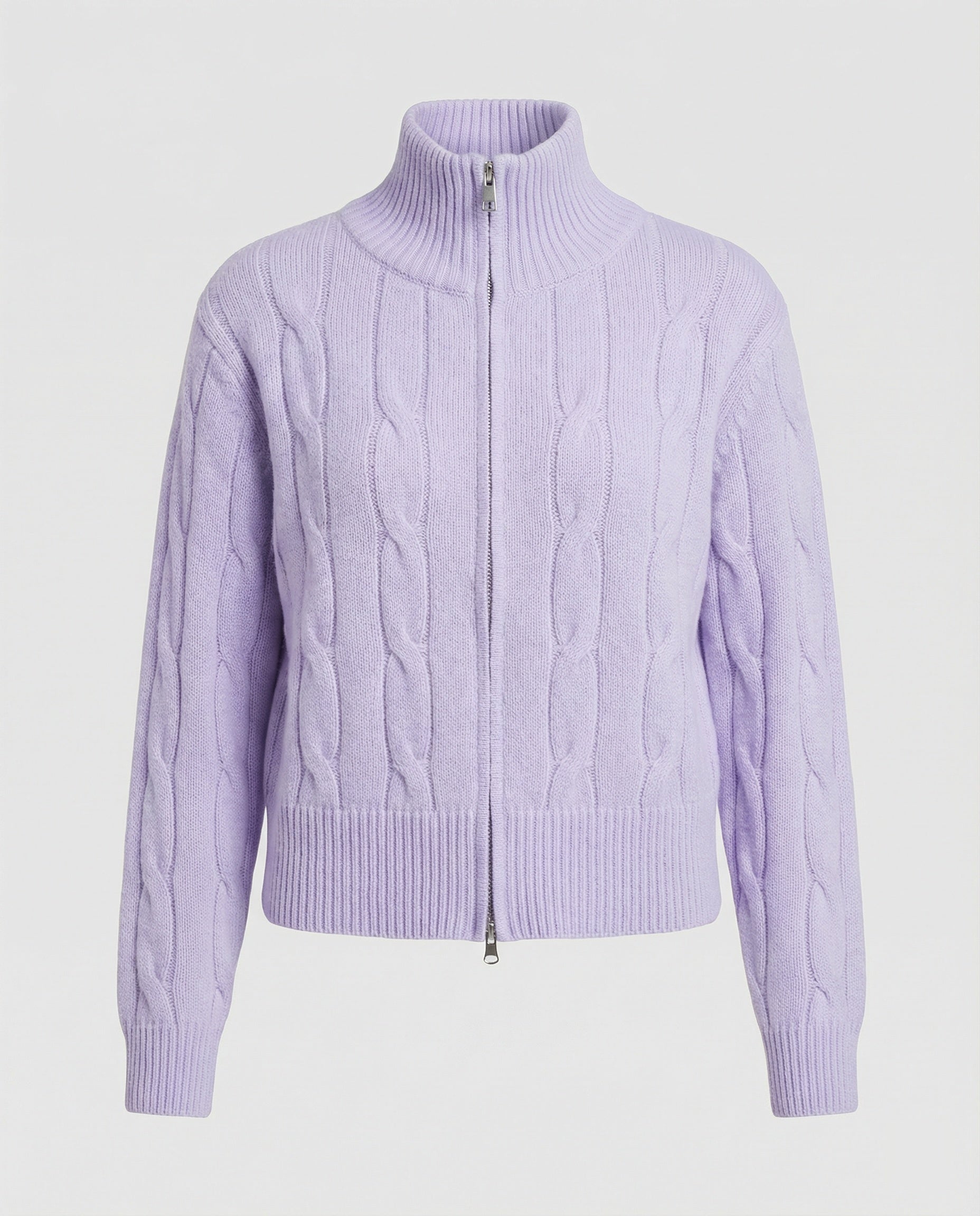 Warme Damen Strickjacke mit Zopfmuster Reißverschluss und halbem Rollkragen