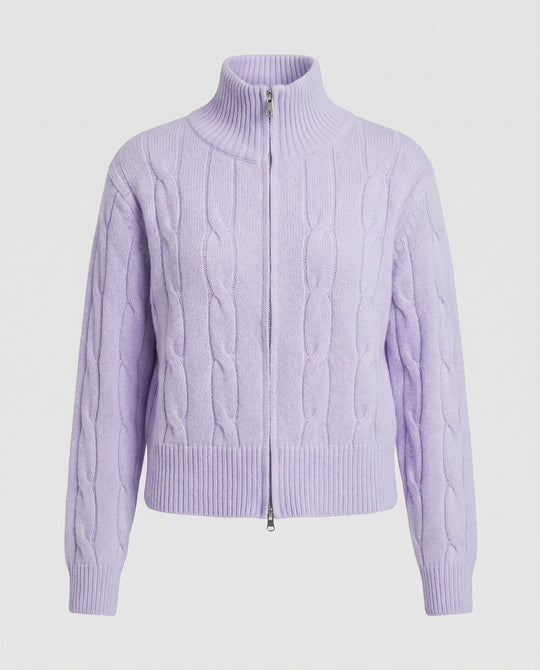 Warme Damen Strickjacke mit Zopfmuster Reißverschluss und halbem Rollkragen