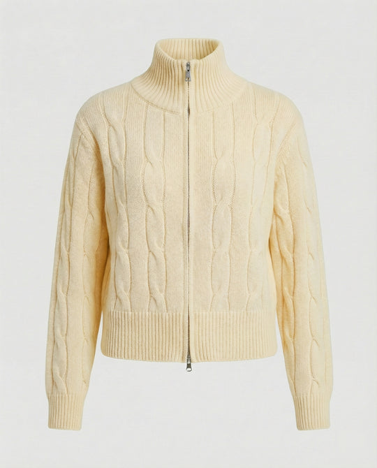 Warme Damen Strickjacke mit Zopfmuster Reißverschluss und halbem Rollkragen