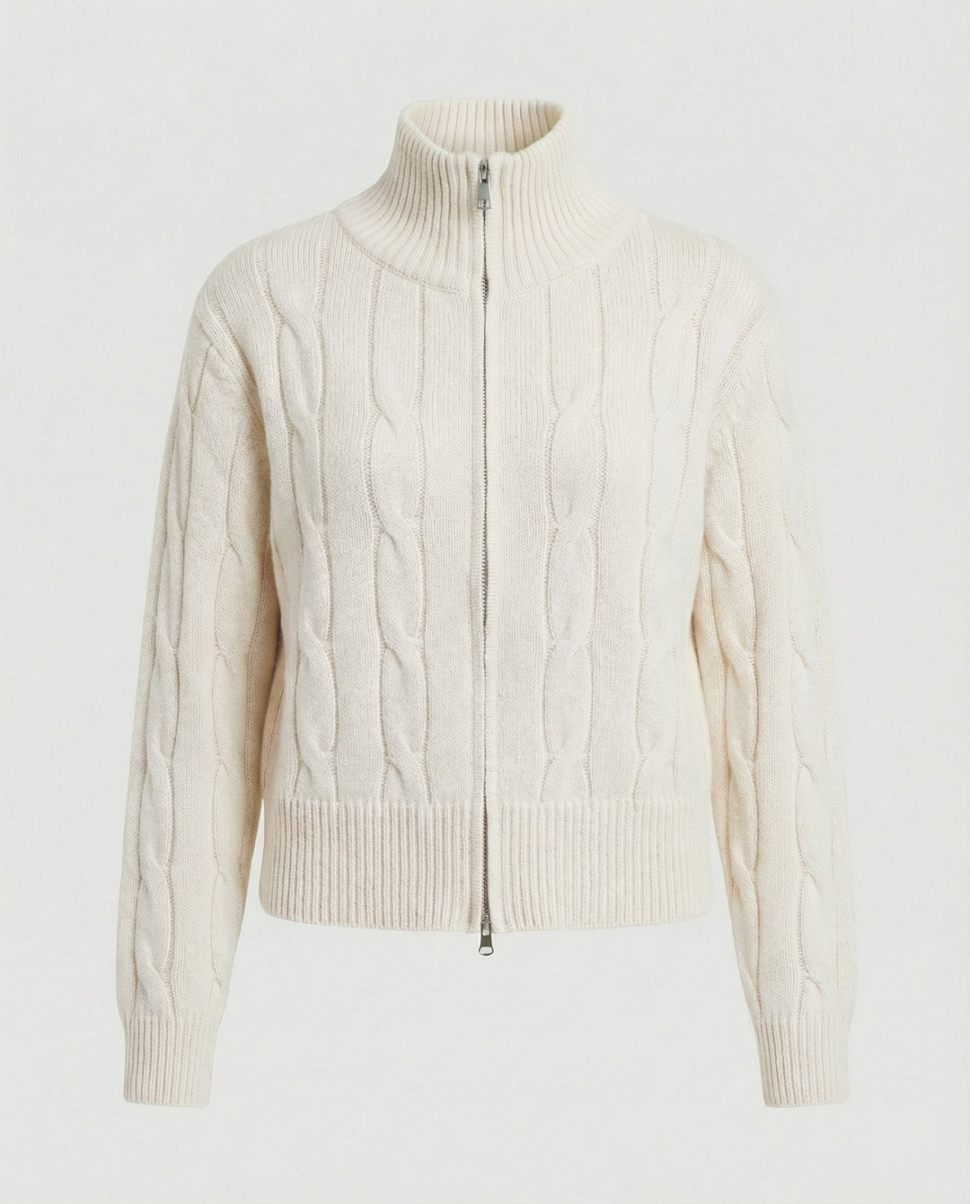 Warme Damen Strickjacke mit Zopfmuster Reißverschluss und halbem Rollkragen
