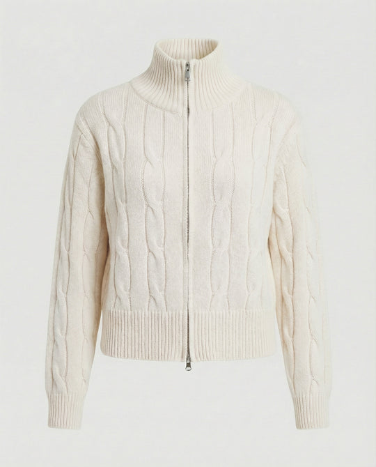 Warme Damen Strickjacke mit Zopfmuster Reißverschluss und halbem Rollkragen