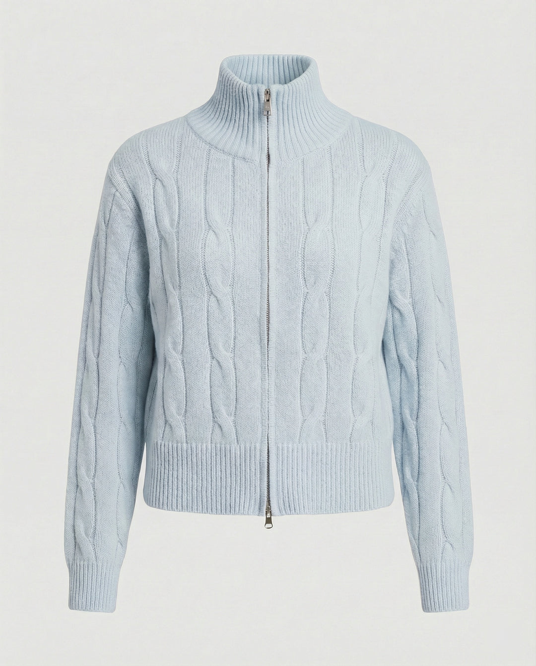 Warme Damen Strickjacke mit Zopfmuster Reißverschluss und halbem Rollkragen