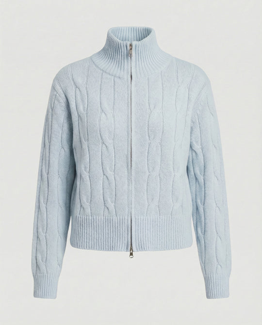 Warme Damen Strickjacke mit Zopfmuster Reißverschluss und halbem Rollkragen