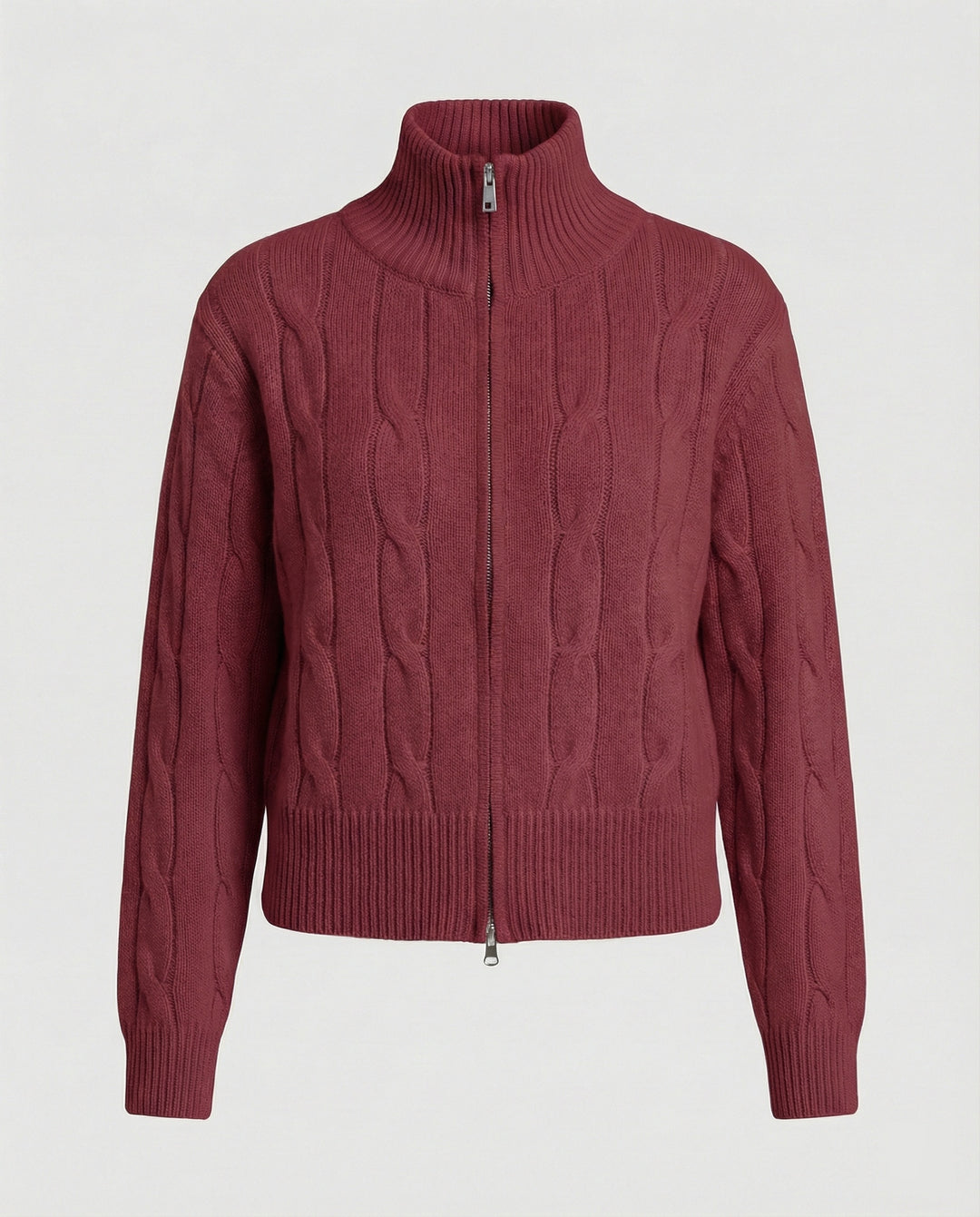 Warme Damen Strickjacke mit Zopfmuster Reißverschluss und halbem Rollkragen