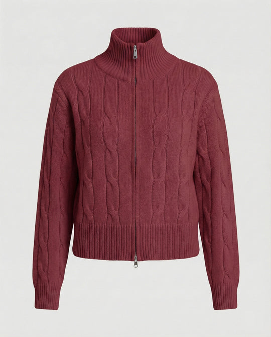 Warme Damen Strickjacke mit Zopfmuster Reißverschluss und halbem Rollkragen