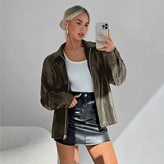 Damen leichtgewichtige Kunstlederjacke mit modernem Reißverschluss R&B