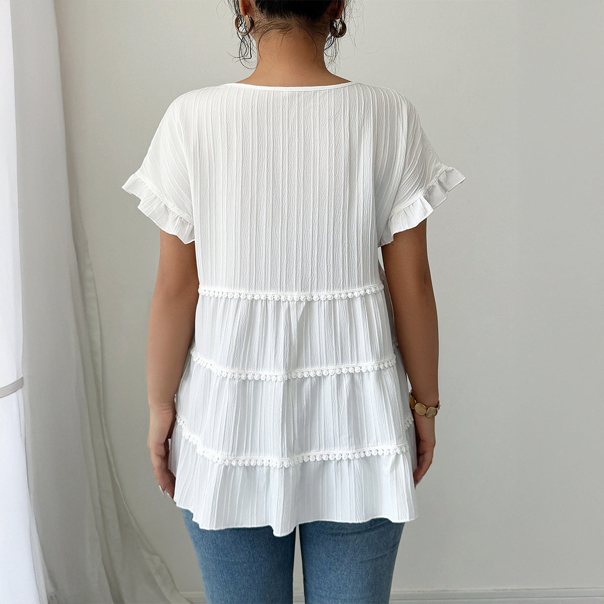 Damen Rüschenshirt mit dekorativen Borteinsätzen R&B