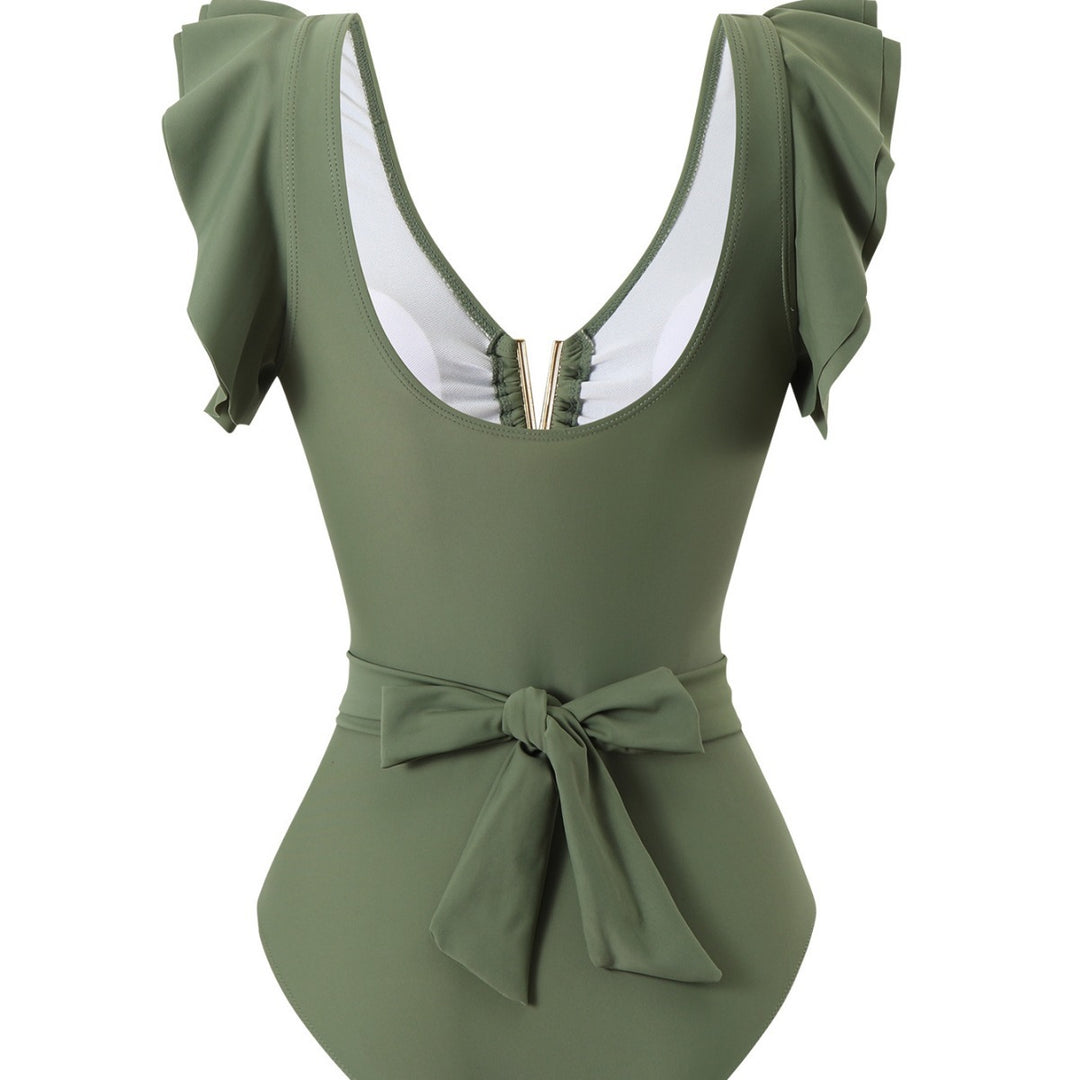 Damen Eleganter Einteiler Badeanzug mit Rüschen und Bindegürtel R&B