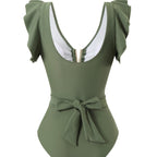 Damen Eleganter Einteiler Badeanzug mit Rüschen und Bindegürtel R&B