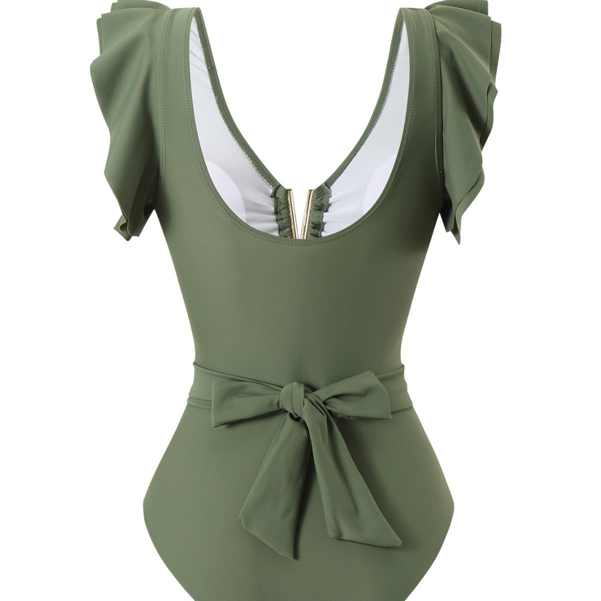 Damen Eleganter Einteiler Badeanzug mit Rüschen und Bindegürtel R&B