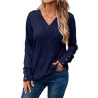 Damen V-Ausschnitt Pullover mit dekorativem Streifenmuster und Knopfdetails R&B