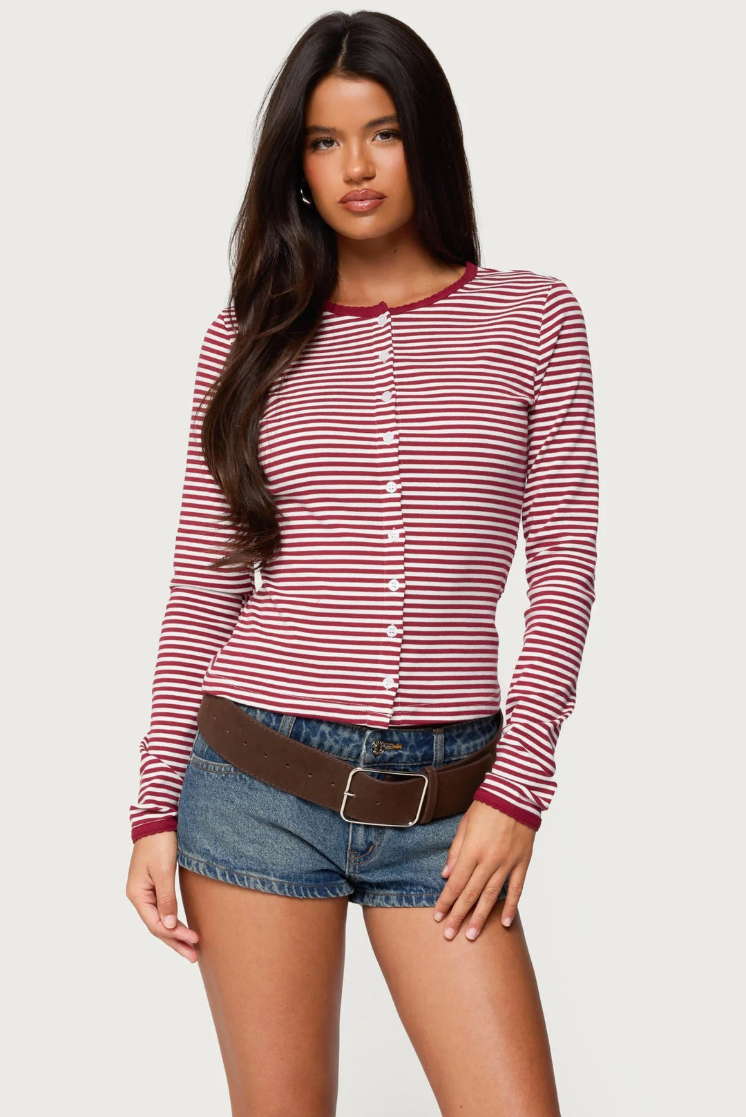 Damen Langarm Shirt mit Streifenmuster und Knopfleiste R&B