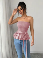 Damen nan figurbetontes trägerloses Smok-Oberteil mit Volant-Peplum und dekorativer Stoffblume R&B