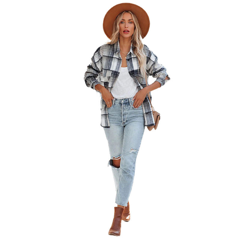 Damen Plaid Oversized Hemdjacke mit zwei Taschen und lässigem Schnitt R&B
