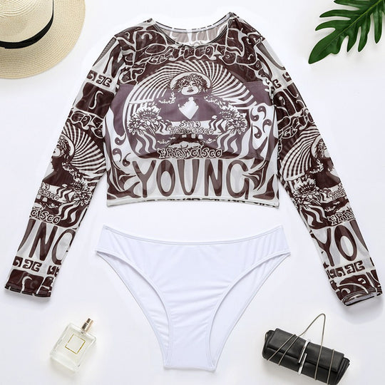 Damen Sportlicher Crop-Top mit langem Arm und eleganten Print R&B