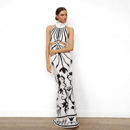 Damen elegantes Maxikleid mit asymmetrischem Schnitt und floralem Design R&B