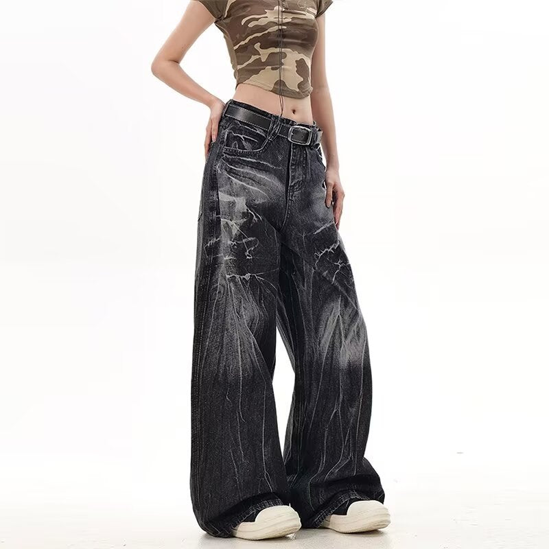 Damen Weite Jeanshose mit modischem Used-Look und hohem Bund R&B