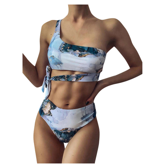 Damen Hoch geschnittenes Bikini-Set mit stylischem Marmor-Print R&B