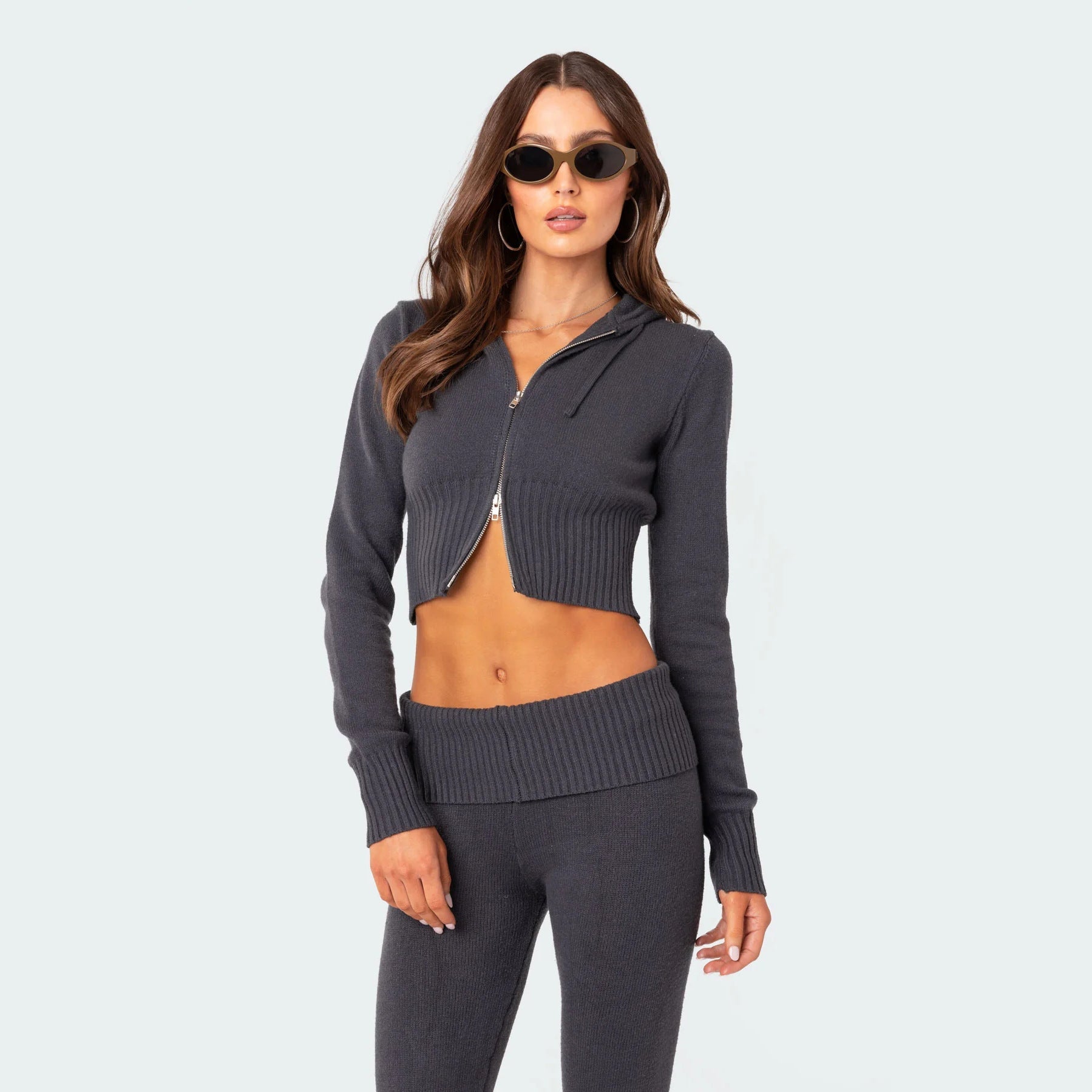 Damen Cropped Strick-Set mit hoher Taille und weitem Bein R&B