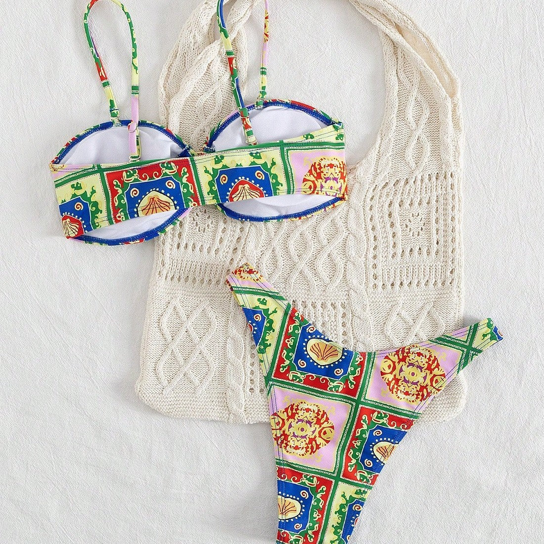 Damen Bikini mit elegantem Bandeau-Schnitt und buntem Muster R&B