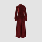 Damen eleganter Samt-Jumpsuit mit schickem Kragen und weitem Bein R&B