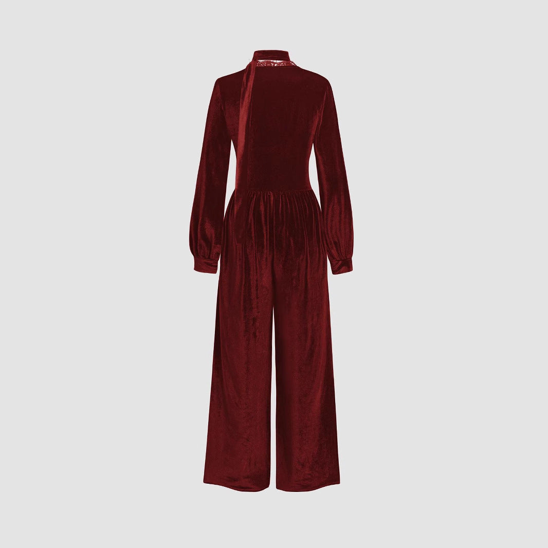 Damen eleganter Samt-Jumpsuit mit schickem Kragen und weitem Bein R&B