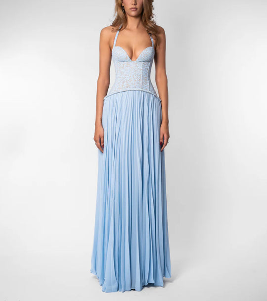 Damen nan elegantes Abendkleid mit Spitzenkorsett und plissiertem Maxirock R&B