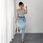 Damen Figurbetontes Kurzarm-Body mit asymmetrischem Ausschnitt und Knotendetail R&B