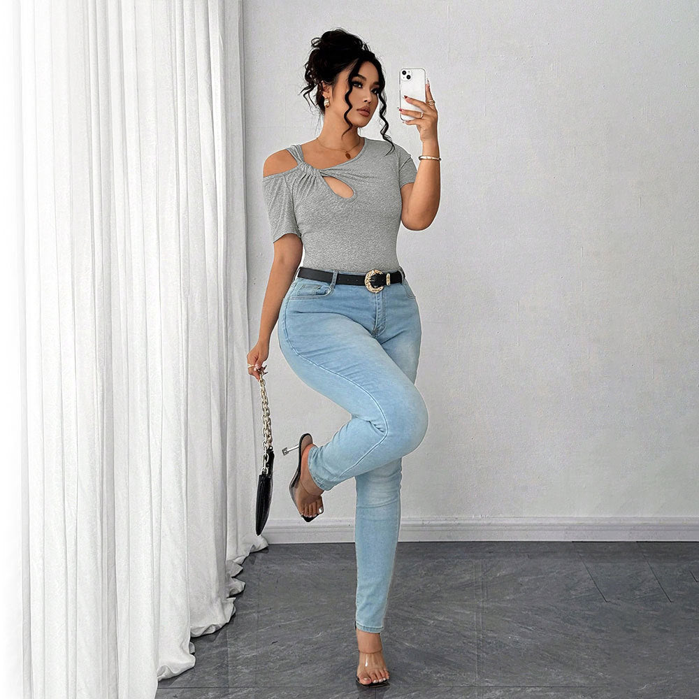 Damen Figurbetontes Kurzarm-Body mit asymmetrischem Ausschnitt und Knotendetail R&B