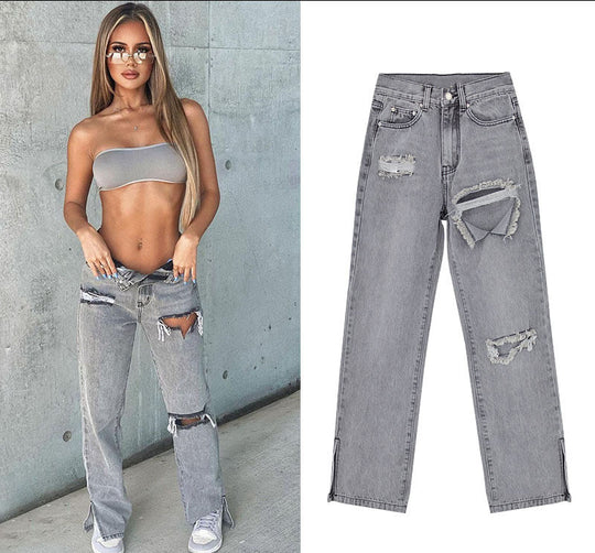 Damen lässige Ripped Jeans mit hoher Taille und modernen Fransen R&B