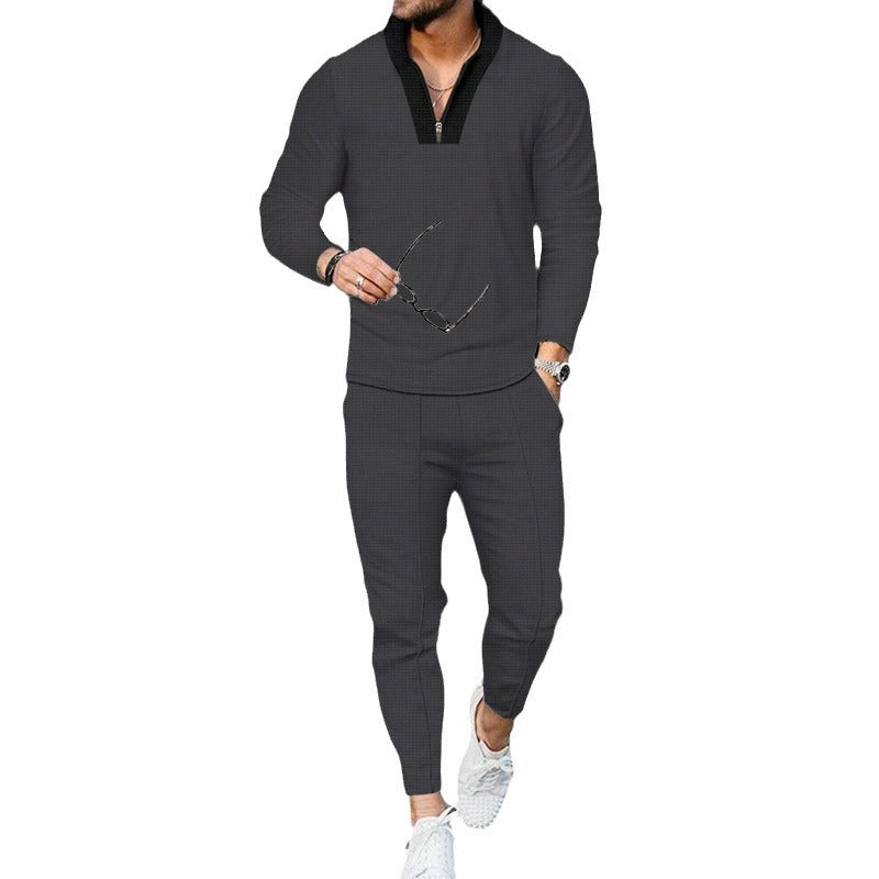 Herren nan R&Brnes Freizeit-Set Halbzip-Henleypullover mit Raglanärmeln und tapered Bügelfalten-Jogginghose R&B
