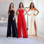 Damen Eleganter Jumpsuit mit tiefem V-Ausschnitt und schwingenden Beinnähten EB