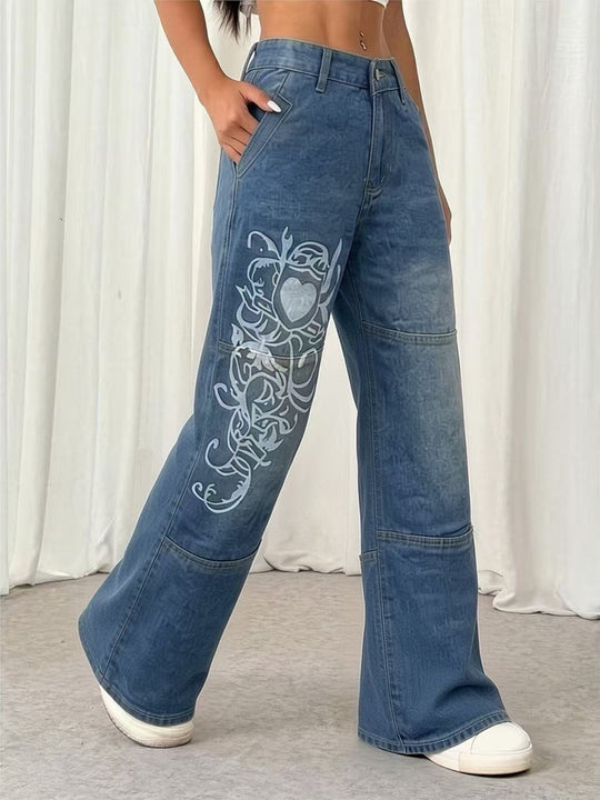 Damen weite Jeans mit kunstvollem Aufdruck R&B