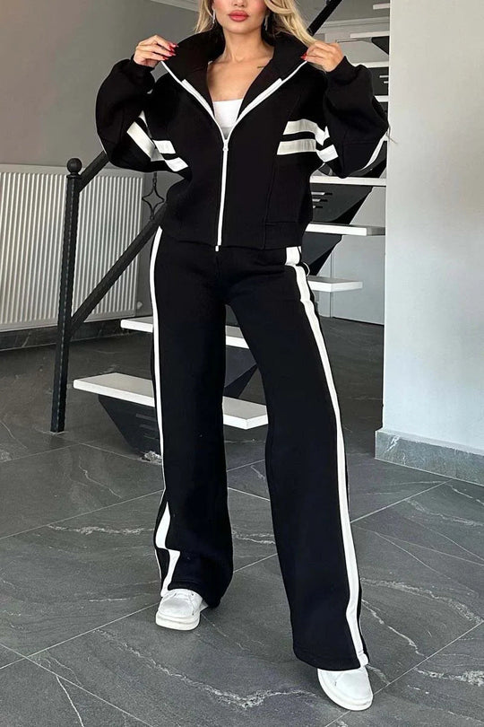 R&B | Gestreifte Zip up Cropped Sweatshirtjacke und Sporthose Zwei Teile Satz