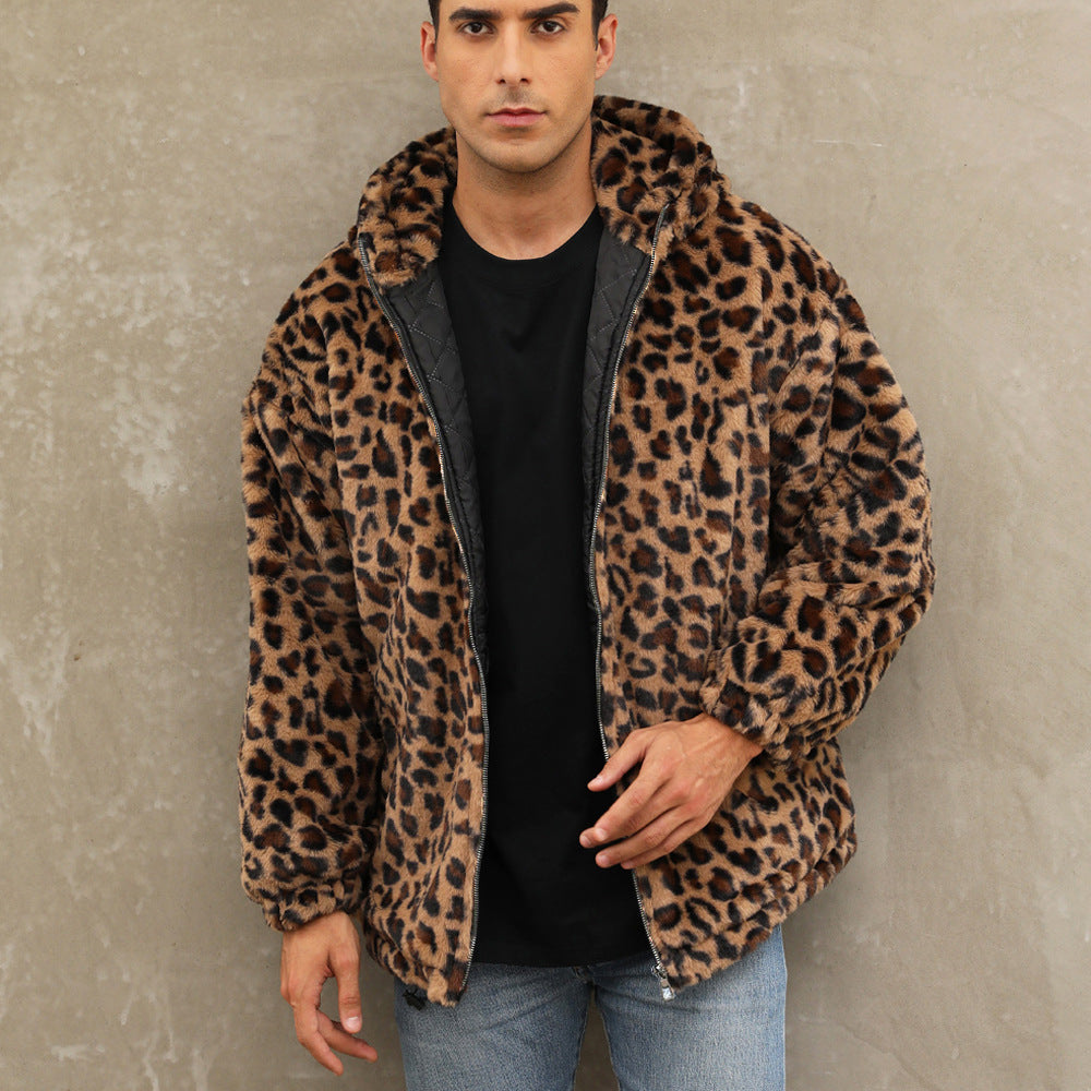 Herren kuschelige Fleecejacke im Leopardenmuster R&B