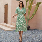 Damen Midi-Kleid mit V-Ausschnitt und voluminösen Ärmeln R&B