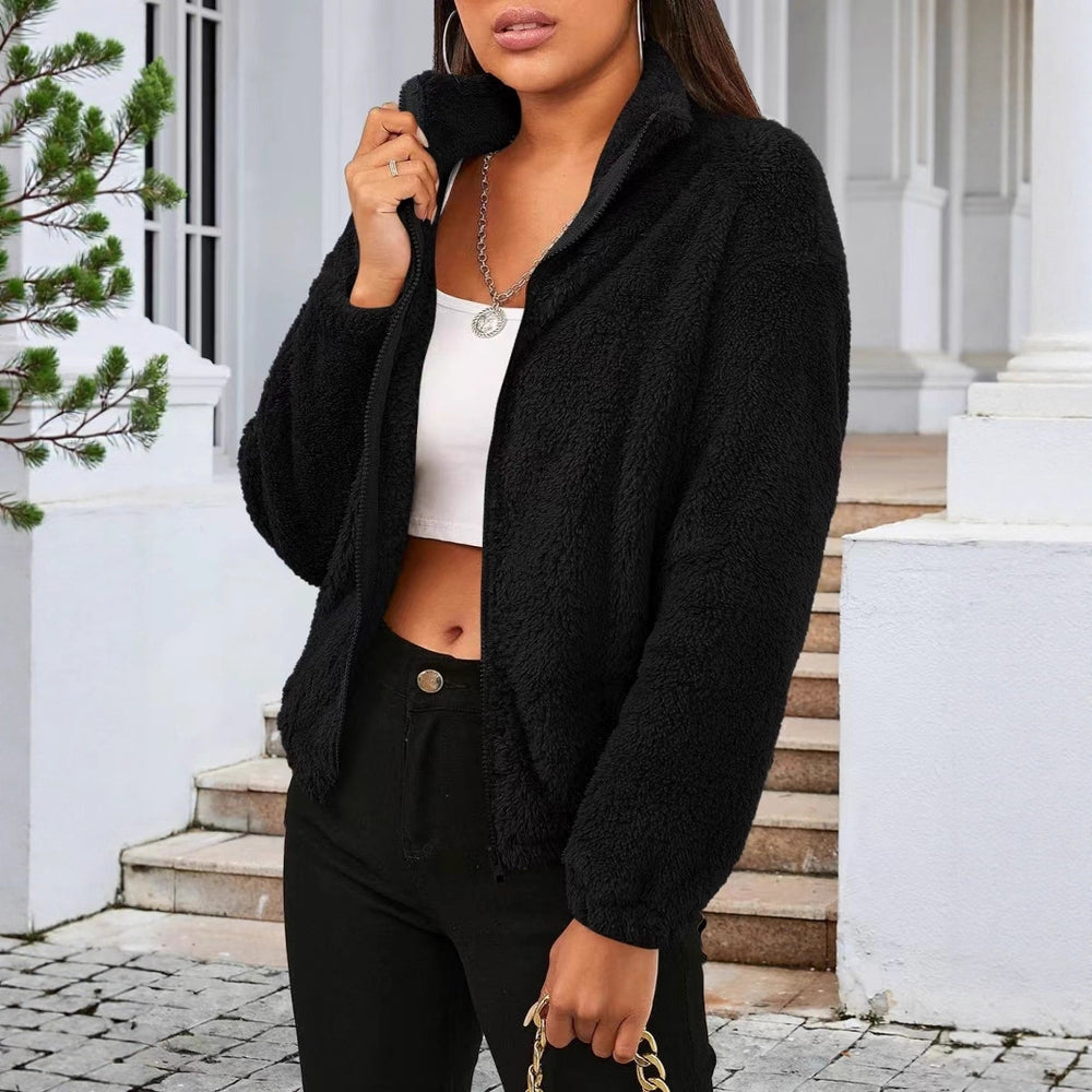Damen Flauschige Fleecejacke mit hohem Kragen und seitlichen Taschen R&B
