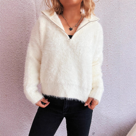 Damen kuscheliger Pullover mit hohem Kragen und Reißverschluss R&B