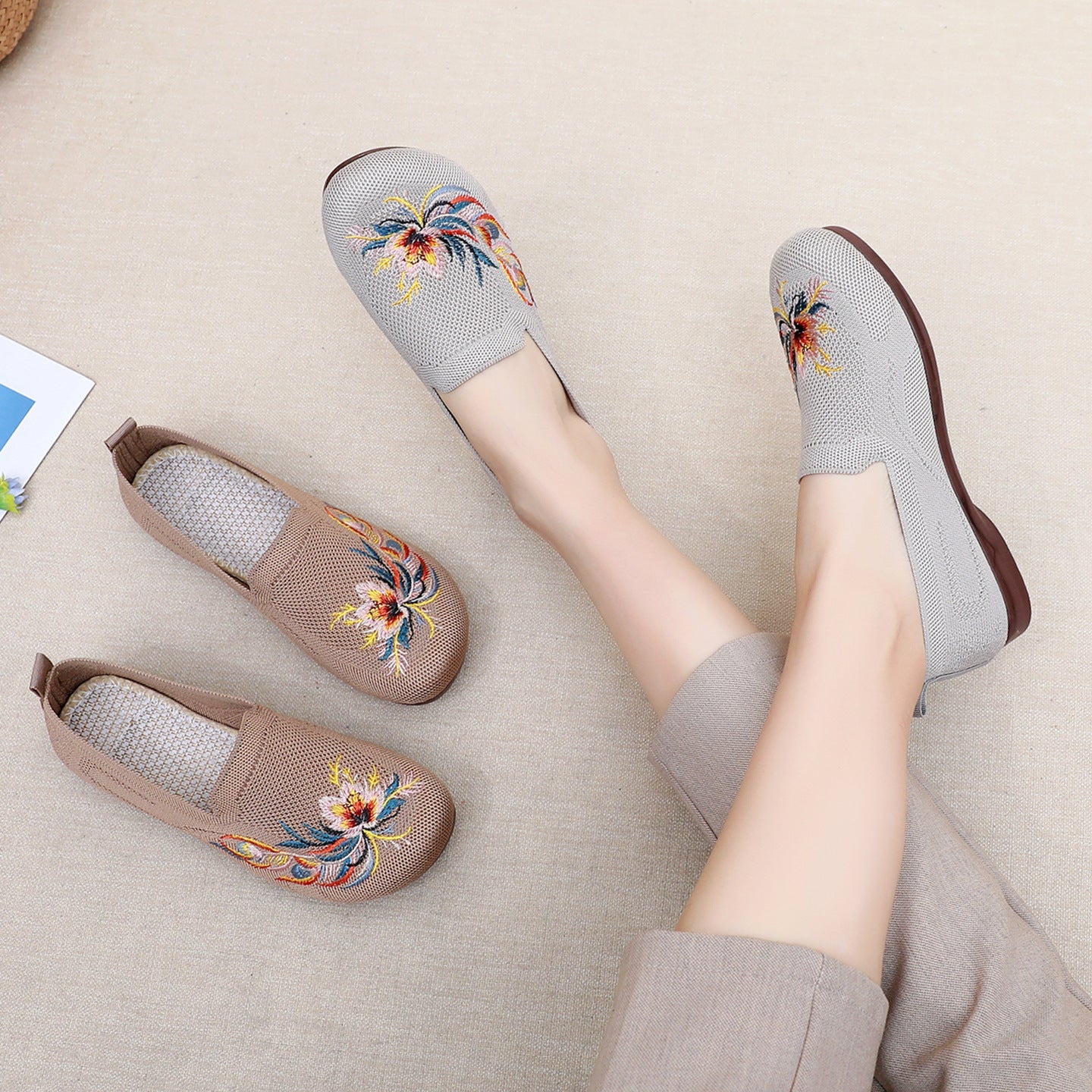 Damen Slip-On Schuhe mit floralem Stickdesign und rutschfester Sohle R&B