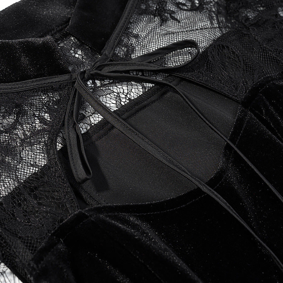Damen Abendkleid mit transparenten Spitzenärmel und Rüschensaum R&B