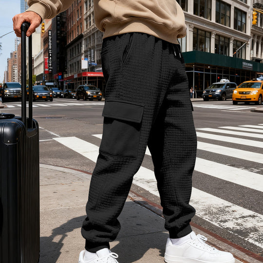 Herren nan Waffelstruktur Cargohose im Joggingstil mit Klappentaschen und elastischem Bund R&B