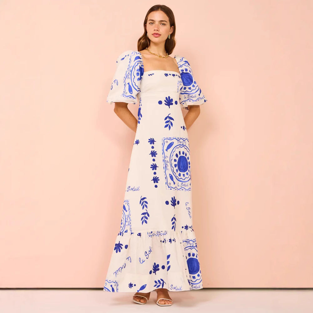 Damen Maxikleid mit eleganten Puffärmeln und floralen Akzenten R&B